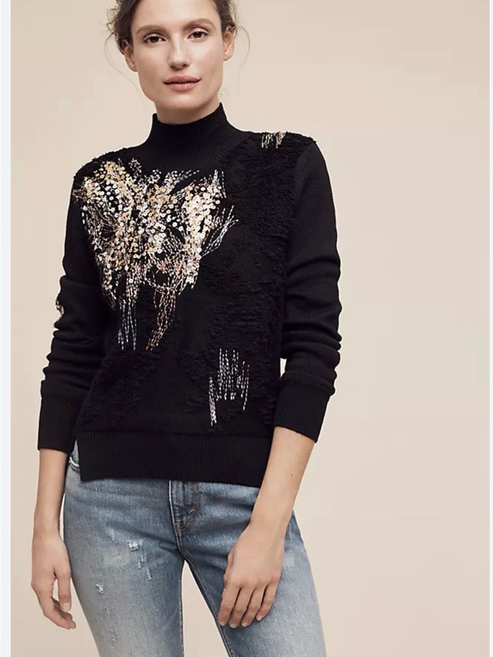 Anthropologie Sweater Womens Size M Knitted & Knotted Fete Sequin Mockneck